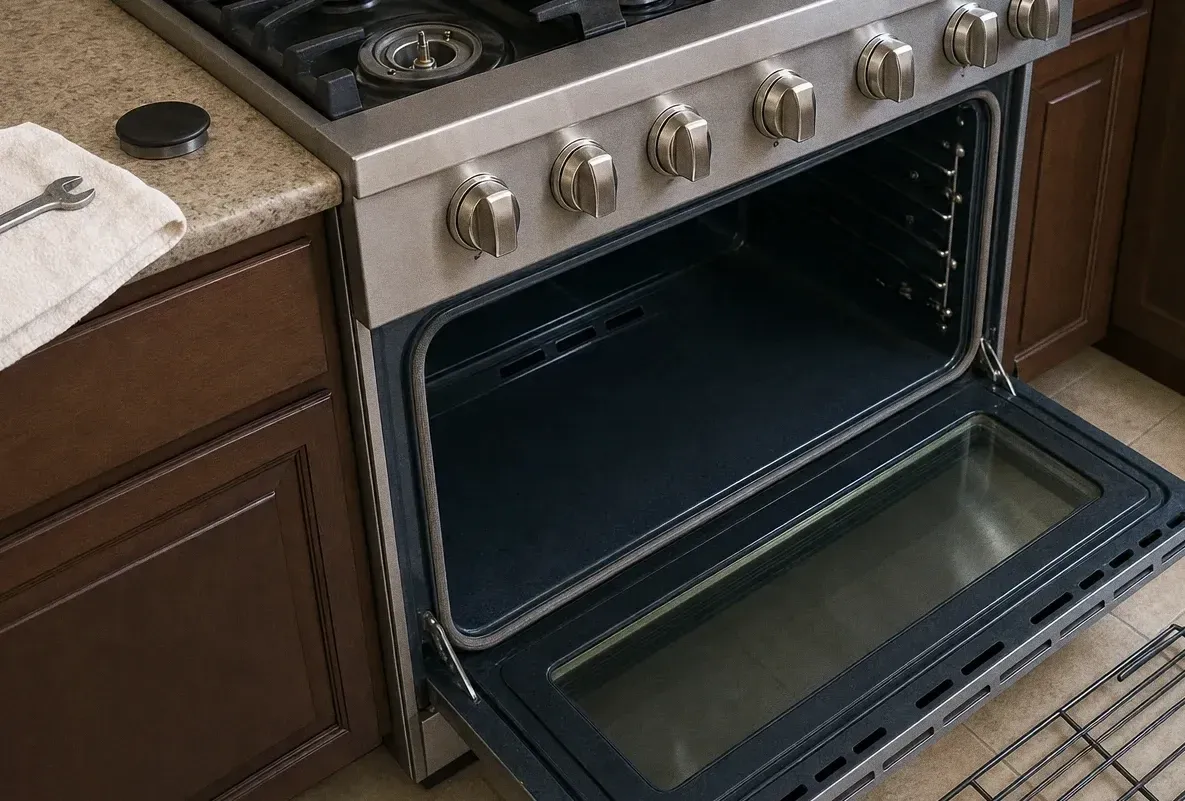 Stainless range set into dark cabinets under a light stone counter, oven door open and a black burner cap on the counter